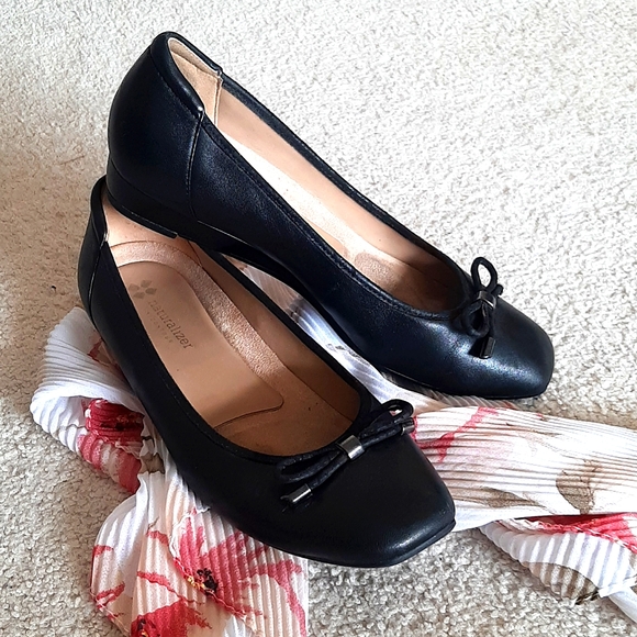 NATURALIZER "Dove" "N5 Contour" Cushioned, Square Toe, Black Leather Wedge Shoes - Picture 1 of 16